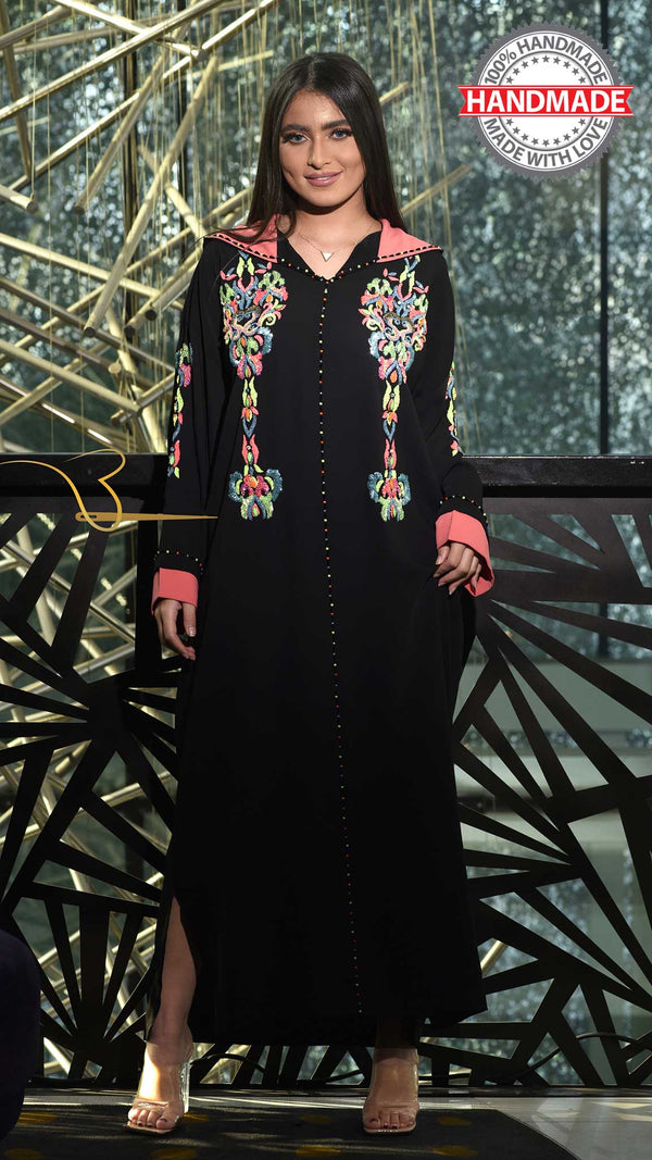 djellaba-fait main-berchman-perles-noir-handmade-black-ocaftan-jellaba- moderne-chic-prestige-glamour-classe-djellaba hdour