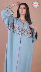 djellaba-mekhzania-fait main-berchman-blue sky-haute-couture-bleu ciel-ocaftan-crêpe de soie-broderie-jellaba moderne-2021-chic-prestige-glamour-classe