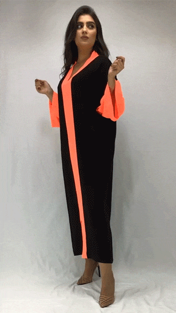 kimono-Djellaba-caftan-moderne-crepe-de-soie-Noir-orange-ocaftan-chic-prestige-glamour-maroc-classe